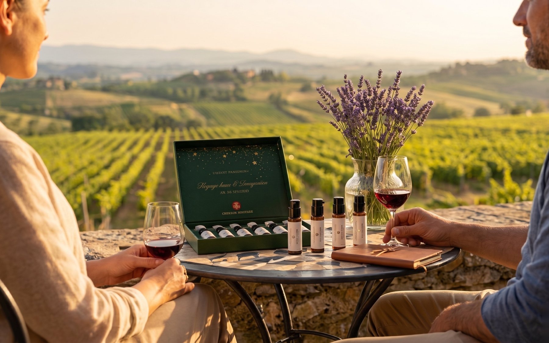 Coppia in degustazione self-service nelle colline toscane